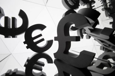 Euro ve sterlin para birimi simgesiyle birçok yansıtma görüntüleri