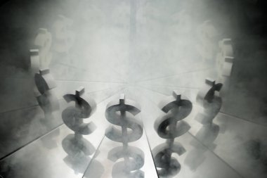 Ayna ve duman kaplı ABD Doları para birimi sembolü