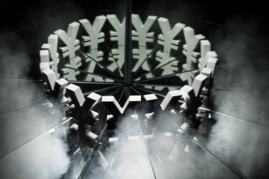 Yen ya da Yuan para birimi sembolü ele duman ve ayna