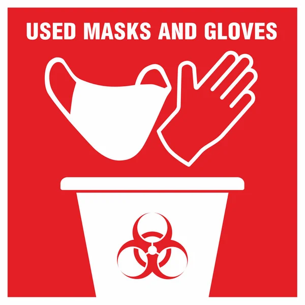 Kullanılan tıbbi maske ve eldiven konsepti simgesi için çöp kovasının kırmızı işareti