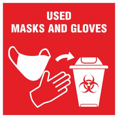 Kullanılan tıbbi maske ve eldiven konsepti simgesi için çöp kovasının kırmızı işareti