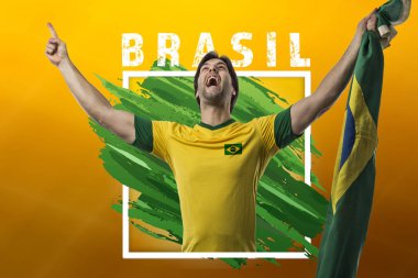 Brezilyalı futbolcu, sarı bir arka plan kopya alanı ile kutluyor.