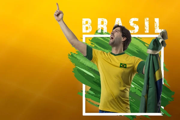 Jugador Brasileño Fútbol Celebrando Sobre Fondo Amarillo Con Espacio Para — Foto de Stock