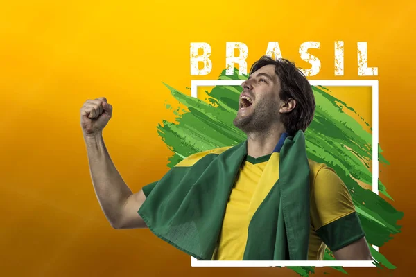 Brazilian Soccer Player Celebrating Yellow Background Copy Space — Stock Photo, Image