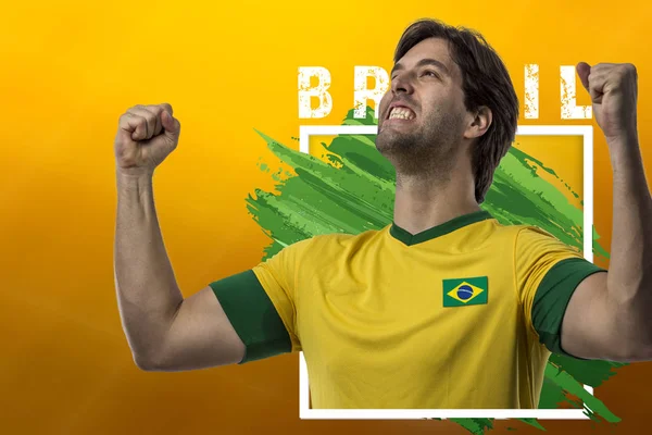 Jugador Brasileño Fútbol Celebrando Sobre Fondo Amarillo Con Espacio Para —  Fotos de Stock