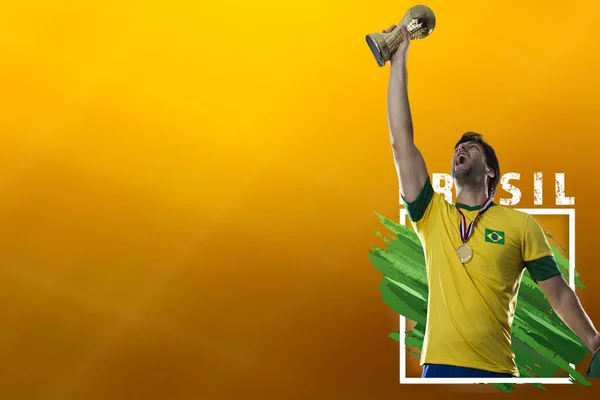 Brazilian Soccer Player Celebrating Yellow Background Copy Space — Stock Photo, Image