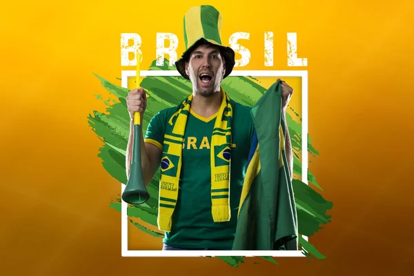 Brazil Férfi Rajongó Ünnepli Sárga Hátterű Másol Hely — Stock Fotó