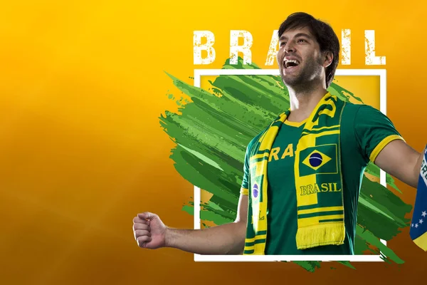 Brazilian Male Fan Celebrating Yellow Background Copy Space — Stock Photo, Image