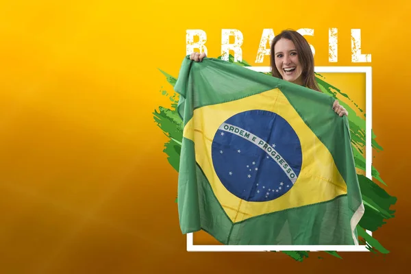 Brazilian Woman Fan Celebrating Yellow Background Copy Space — Stock Photo, Image