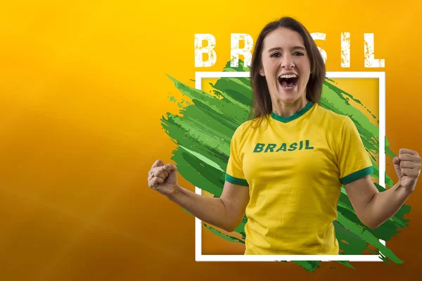 Brazil Asszony Rajongó Ünnepli Sárga Hátterű Másol Hely — Stock Fotó
