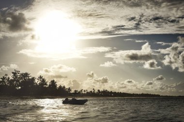 Deniz kenarında palmiye ağaçları içinde arka planda Praia forte, Bahia, Brezilya ile gün batımında tekne