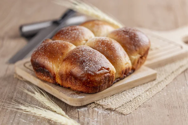 Brazilian Homemade Bread Top Wooden Countertop Flour Spread Counter Wheat — Stock Photo, Image