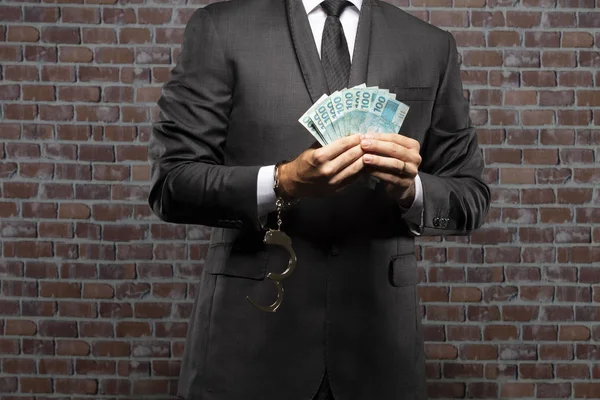 Brazilian Man Holding Bills Money Handcuff Jail Concept Corruption Corrupt — Stock Photo, Image