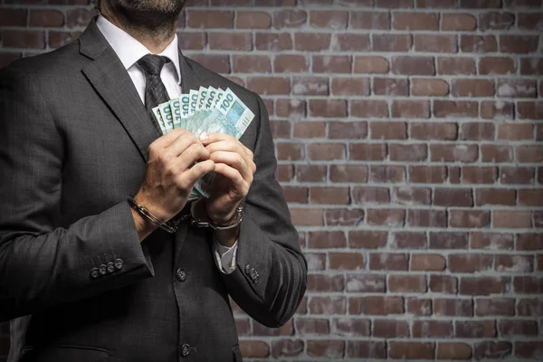 Brasilianischer Mann Mit Geldscheinen Handschellen Einem Gefängnis Korruption Korrupte Politiker — Stockfoto