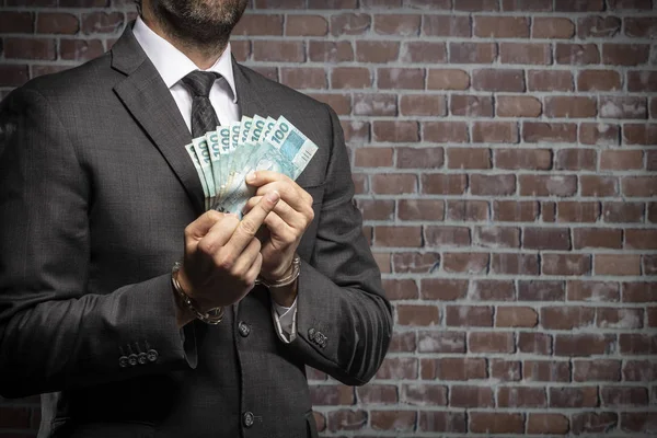 Brasilianischer Mann Mit Geldscheinen Handschellen Einem Gefängnis Korruption Korrupte Politiker — Stockfoto