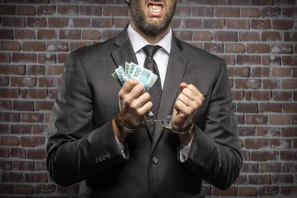 Brasilianischer Mann Mit Geldscheinen Handschellen Einem Gefängnis Korruption Korrupte Politiker — Stockfoto