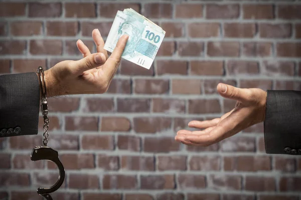 Brazilian Man Holding Bills Money Handcuff Jail Concept Corruption Corrupt — Stock Photo, Image