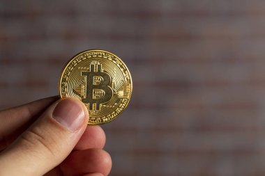 bir tuğla duvarın önünde fiziksel bir bitcoin tutan adam el