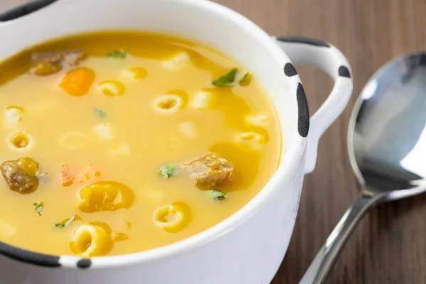 Uma Tigela Deliciosa Sopa Brasileira Com Carne Bovina Legumes Macarrão — Fotografia de Stock