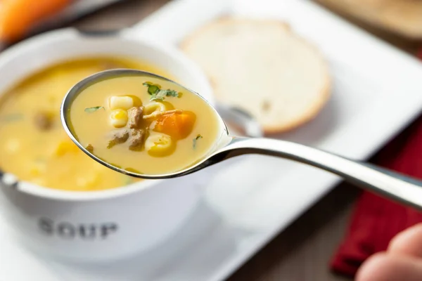 Uma Tigela Deliciosa Sopa Brasileira Com Carne Bovina Legumes Macarrão — Fotografia de Stock