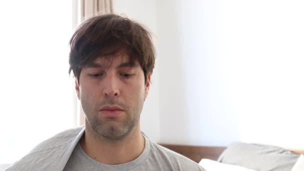 Man Room Putting Mask His Mouth Preventing Disease — Stock Video