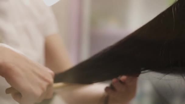 Hairdresser blends beautiful black hair — Stock Video