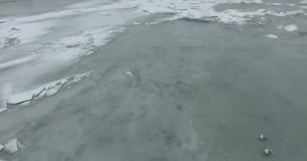 공중 보기. 겨울에 네바 강을 따라 비행하는 추운 날씨. 피터스버그 강을 가로지르는 다리. 얼어붙은 강을 날아가는 새들의 높이. — 비디오