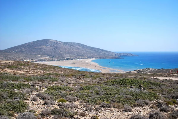 Vista Playa Arena Entre Las Colinas Prasonisi Isla Rodas Grecia —  Fotos de Stock