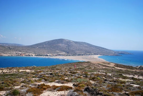 Vista Playa Arena Entre Las Colinas Prasonisi Isla Rodas Grecia —  Fotos de Stock