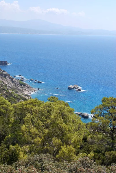 Vue Côte Depuis Les Murs Des Ruines Château Monolithos Île — Photo