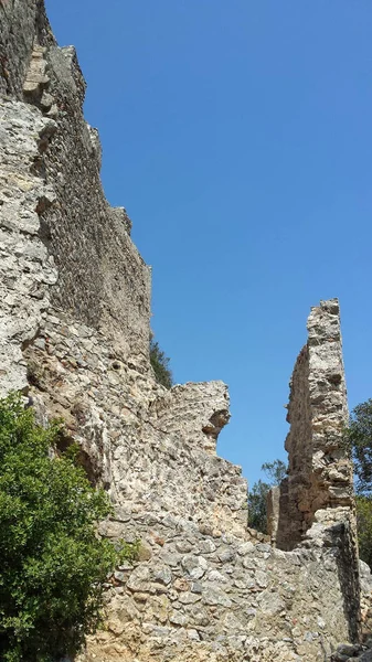 View of the stone walls of the ruins of the castle of Asklipio, Rhodes Island, Greece