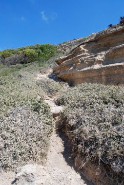 Patika arasında büyük taşlar ve bitkiler mavi gökyüzü, Cape Fourni, Rodos, Yunanistan