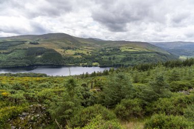 Bulutlu bir günde Wicklow yolu manzara Lough Dan Gölü.