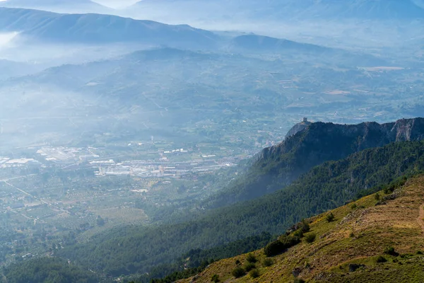 Vistas Sol Desde Montaña Montcabrer Con Castillo Cocentaina Derecha Cocentaina — Foto de Stock