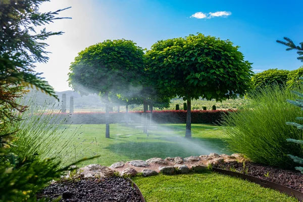 Jardin Mariage Par Une Journée Ensoleillée Les Arroseurs Arrosage — Photo