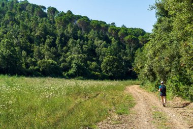 Şafak vakti Girona dağlarında yürüyüş yapan Girona, Katalonya, İspanya.