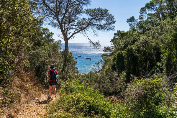 Hiker Woman Going Pedrosa Cove Llafranc Girona Catalonia Spain — Stock Photo, Image