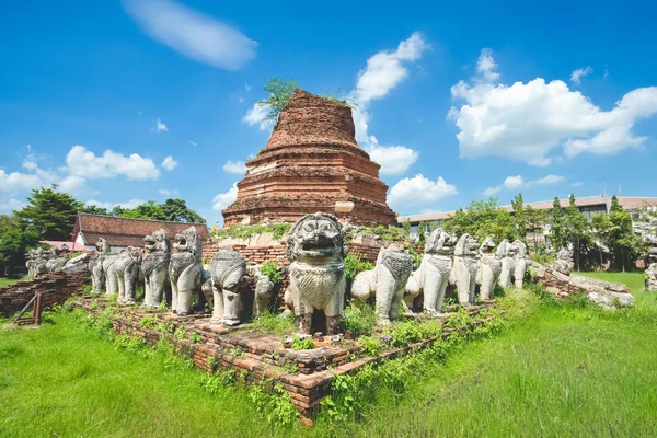 Zřícené Pagody Obklopen Lev Scultures Wat Thammikarat Ayutthaya Thajsko Royalty Free Stock Obrázky