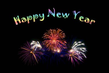 Happy new year text with colorful fireworks on dark background. clipart