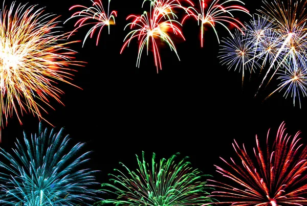 Set Colorful Fireworks Isolated Dark Celebration Background — Stock Photo, Image