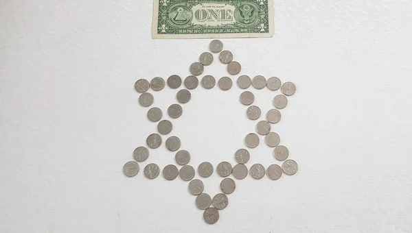 One American Dollar Banknote Lay Israeli Shekel Metal Coins Arranged — Stock Photo, Image