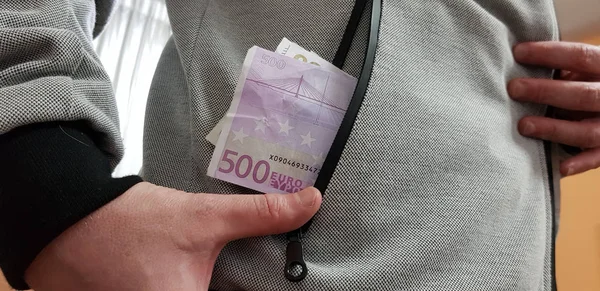 Cinq Cents Billets Euros Dans Une Poche Homme Blanc Portant — Photo