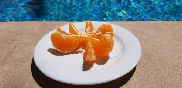 Piring Putih Kecil Dengan Irisan Mandarin Kupas Berdiri Dekat Kolam — Stok Foto