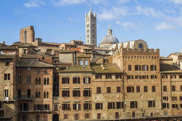 Eski yaşam evleri ve Siena Katedrali görünümünü. Siena, Toskana, İtalya.