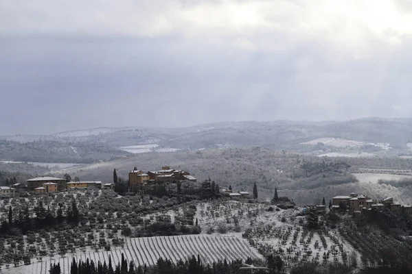 Paesaggio Del Chianti Sulle Colline Toscane Dopo Una Nevicata Invernale — Foto Stock