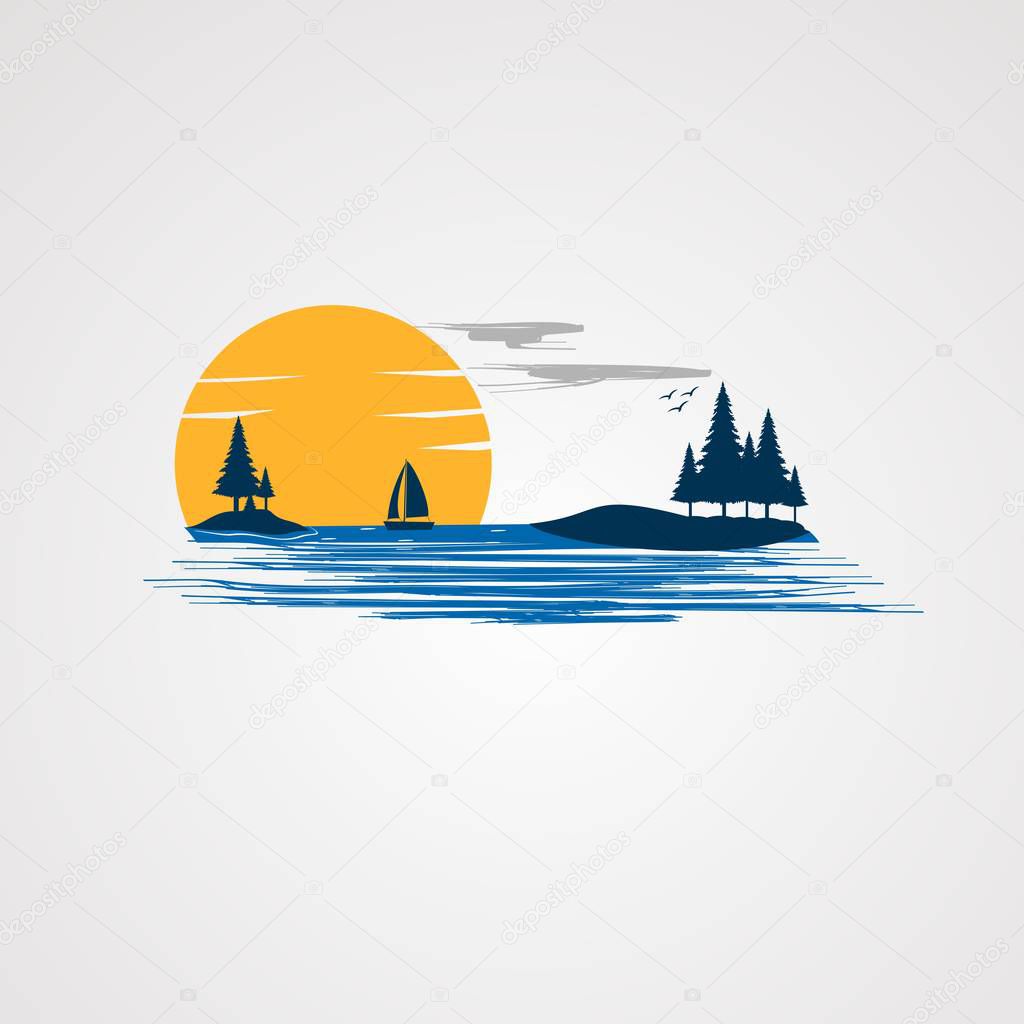 sunset beach with beautiful flying birds logo vector, icon, element, and template for company