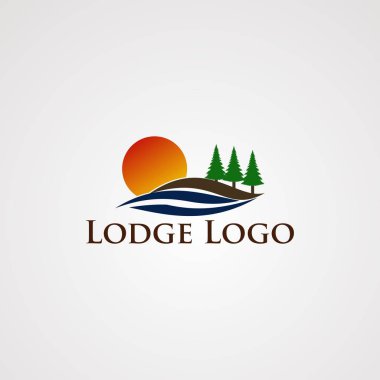 Düz dalga ve ağaç çam, eleman, şablon ve simge ile göl logosu vektör, şirket için