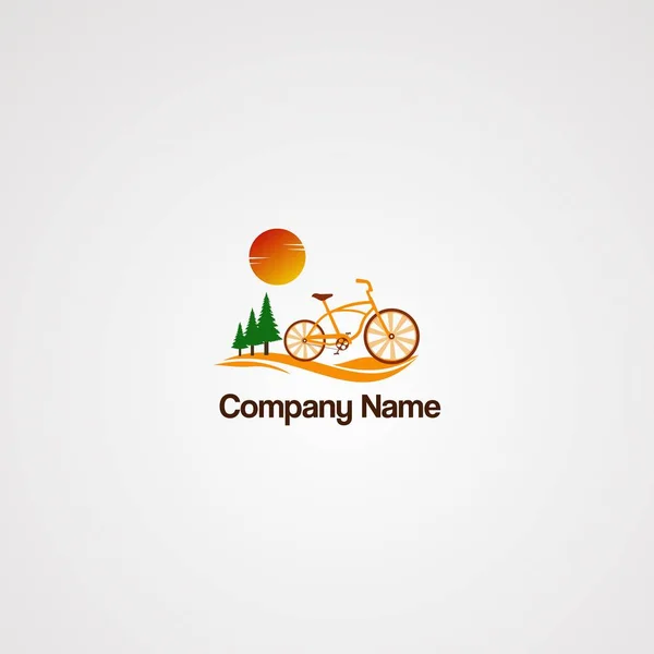 Vector de logotipo de bicicleta de montaña con ola, pino árbol y sol, elemento e icono para la empresa — Archivo Imágenes Vectoriales