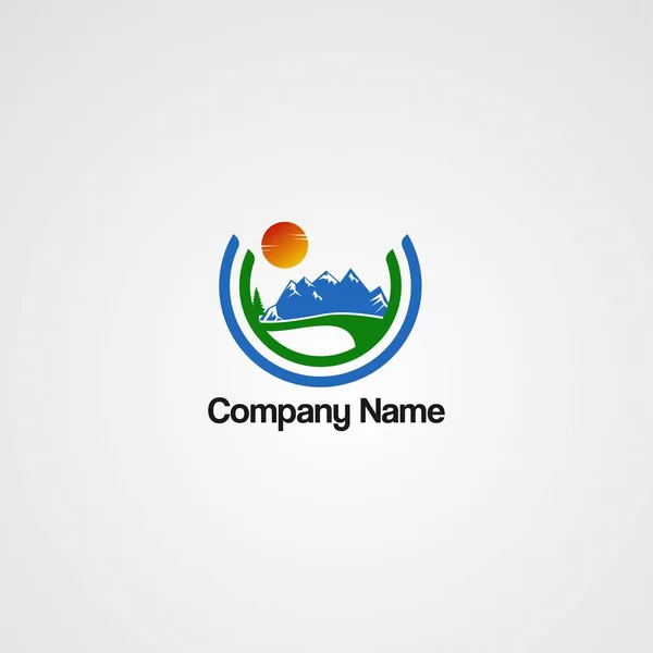 Vetor de logotipo de montanha de rua com conceito de sol e círculo, elemento, modelo e ícone, para a empresa — Vetor de Stock