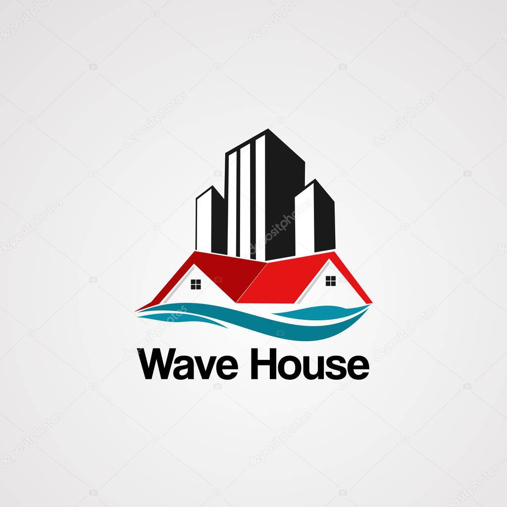 Wave house logo vector with skyline building, element, icon, and template for company